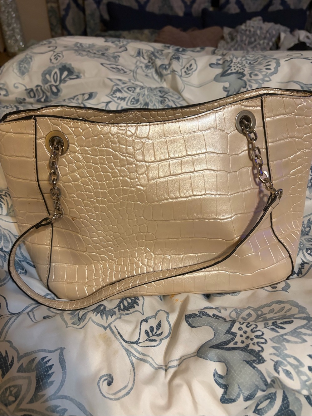 Cream Croc-Embossed Tote Bag with Chain Handles and GRAY satchel bag